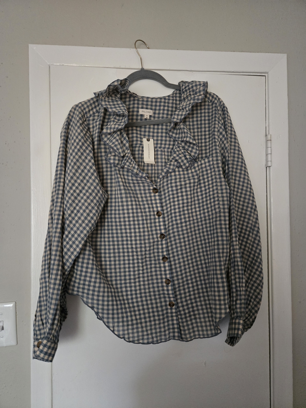 Anthropologie Blue and White Gingham Ruffle Blouse